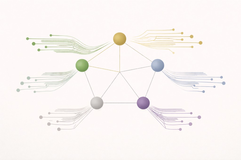 Three dimension nodes (Health, Wealth, Capacity) with educational pathways branching outward in green, gold, and purple