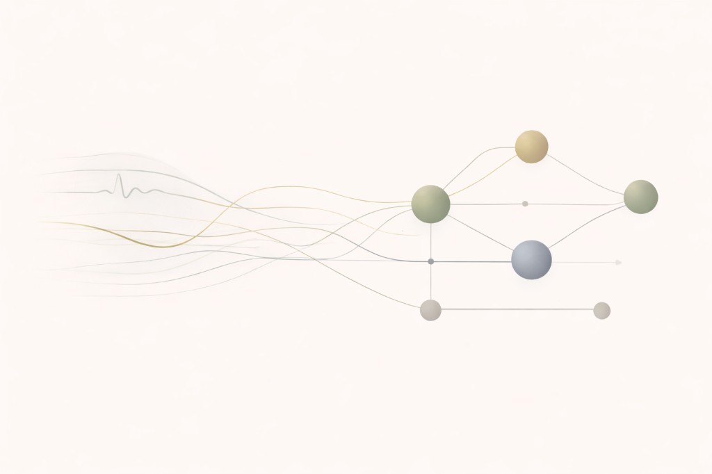 Abstract visualization of biometric waveforms flowing into structured diagnostic nodes