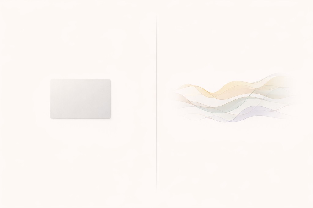 Single snapshot card on one side contrasted with continuous flowing dimensional waves on the other