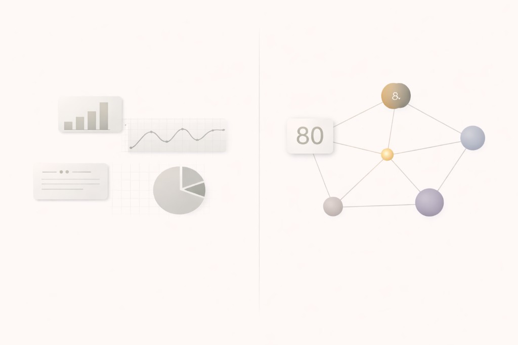 Disconnected dashboard widgets on one side contrasted with unified diagnostic network on the other