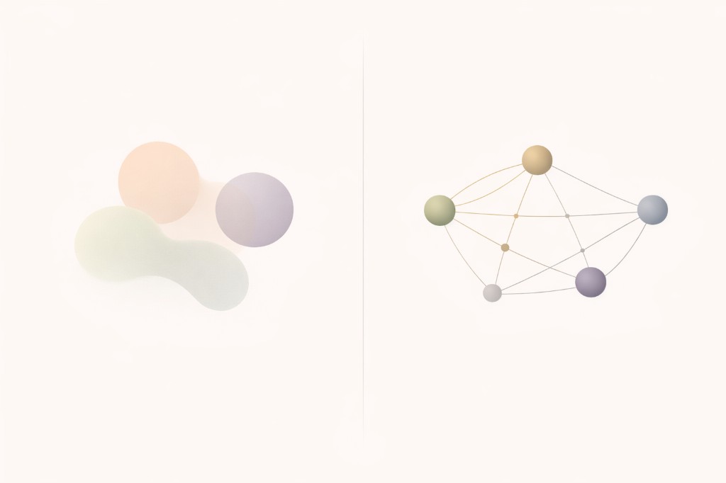 Soft organic shapes on one side contrasted with precise geometric network on the other