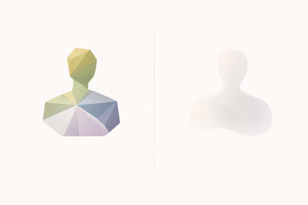 Geometric analytical figure in dimension colors on one side and soft faded silhouette on the other